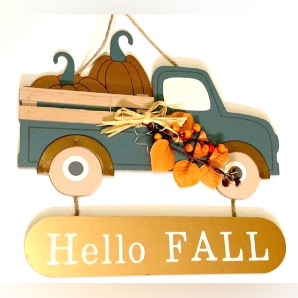Hello Fall Blue Pumpkin Truck Orange Leaves Berries Bow Hanging Wall Decor NWOT
